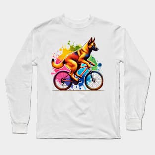 Watercolor Belgian Malinois Dog Riding A Bike Long Sleeve T-Shirt